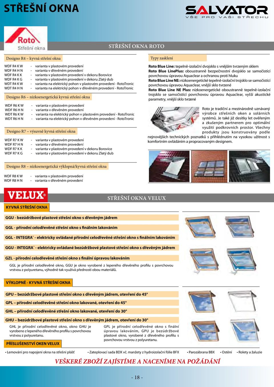 provedení RotoTronic Designo R6 nízkoenergetická kyvná střešní okna WDF R6 K W varianta v plastovém provedení WDF R6 H N varianta v dřevěném provedení WDT R6 K W varianta na elektrický pohon v