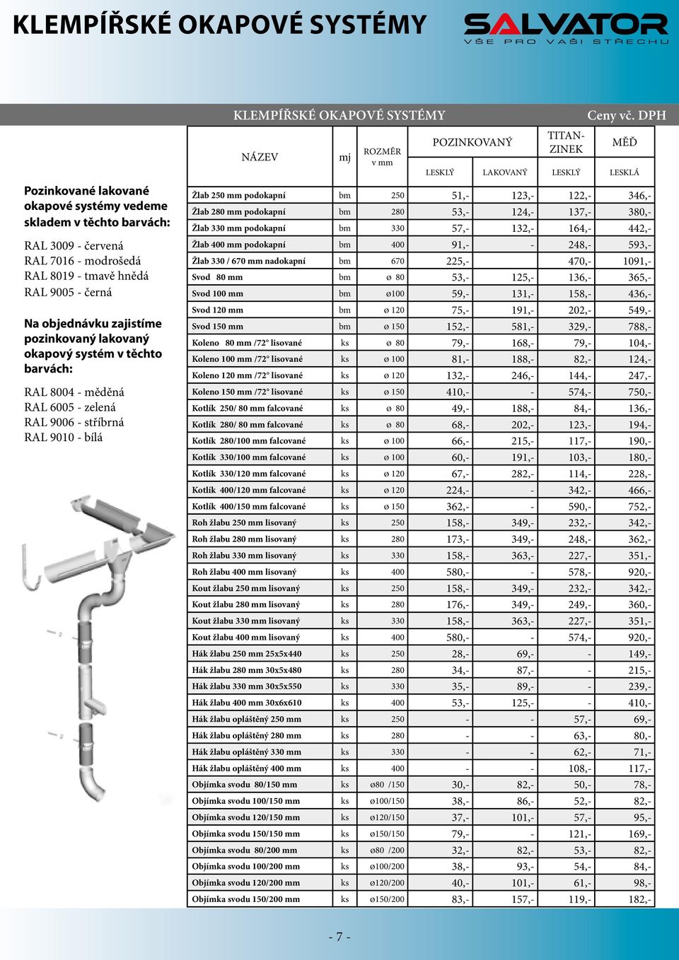 LESKLÝ LAKOVANÝ LESKLÝ LESKLÁ Žlab 250 mm podokapní bm 250 51, 123, 122, 346, Žlab 280 mm podokapní bm 280 53, 124, 137, 380, Žlab 330 mm podokapní bm 330 57, 132, 164, 442, Žlab 400 mm podokapní bm