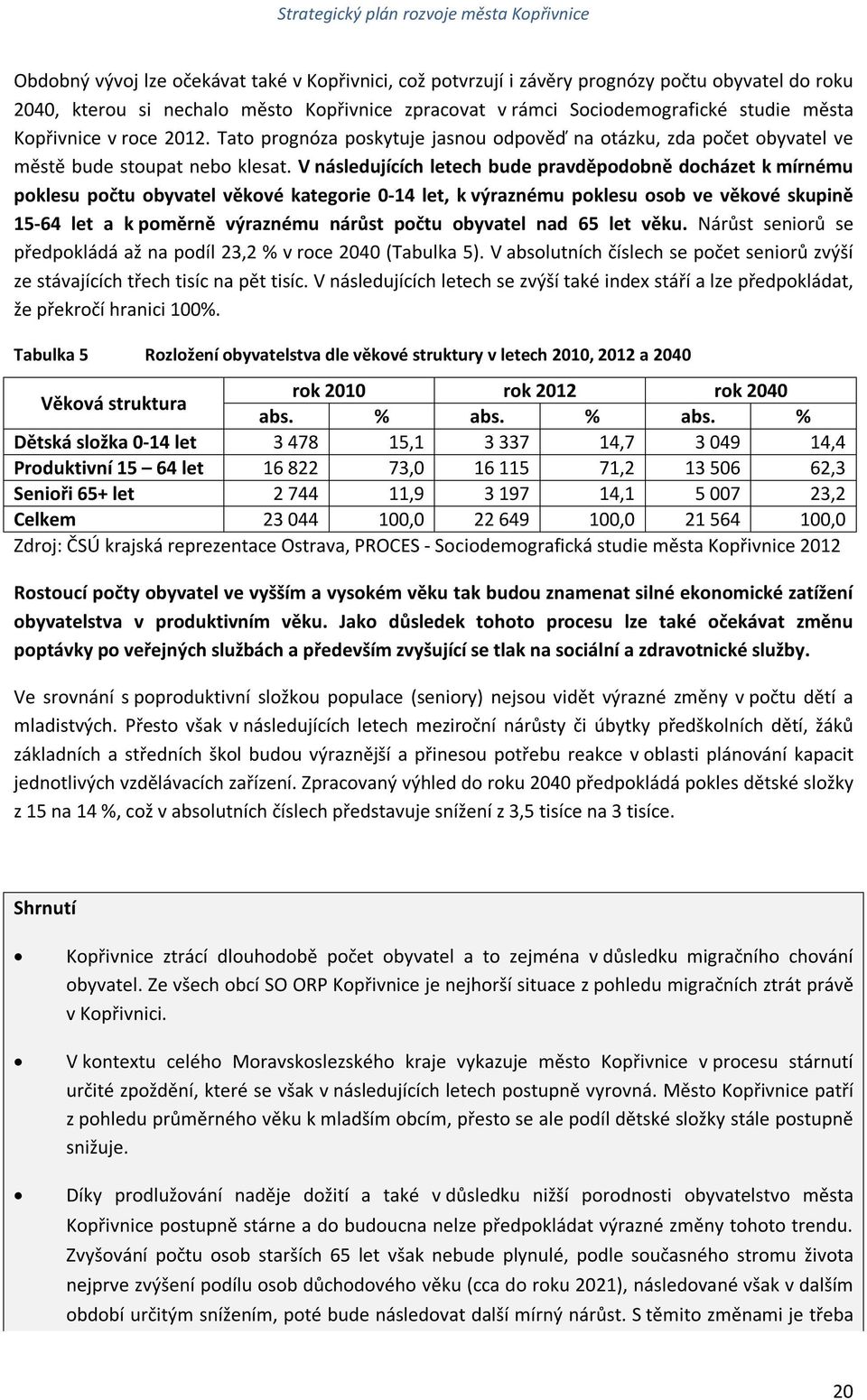 V následujících letech bude pravděpodobně docházet k mírnému poklesu počtu obyvatel věkové kategorie 0-14 let, k výraznému poklesu osob ve věkové skupině 15-64 let a k poměrně výraznému nárůst počtu