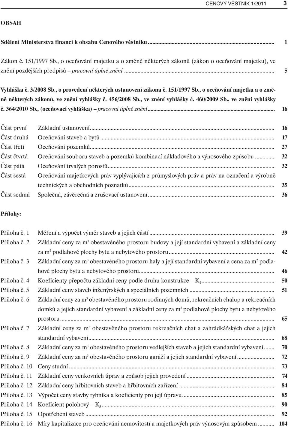 151/1997 Sb., o oceňování majetku a o změně některých zákonů, ve znění vyhlášky č. 456/2008 Sb., ve znění vyhlášky č. 460/2009 Sb., ve znění vyhlášky č. 364/2010 Sb.