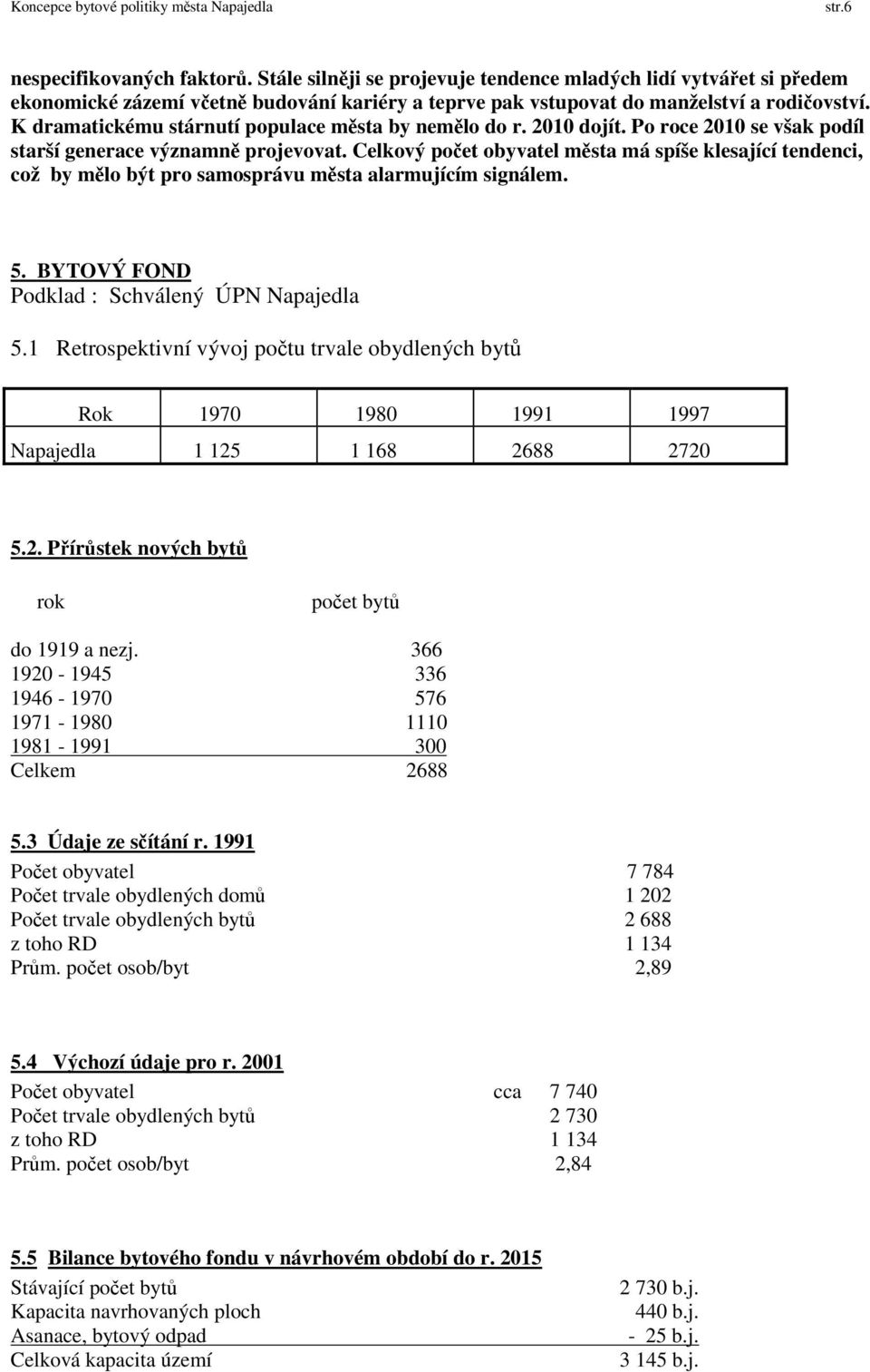 Celkový počet obyvatel města má spíše klesající tendenci, což by mělo být pro samosprávu města alarmujícím signálem. 5. BYTOVÝ FOND Podklad : Schválený ÚPN Napajedla 5.