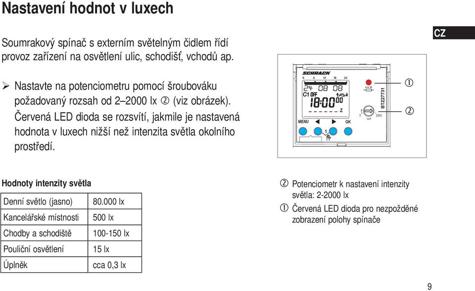 Červená LED dioda se rozsvítí, jakmile je nastavená hodnota v luxech nižší než intenzita světla okolního prostředí.