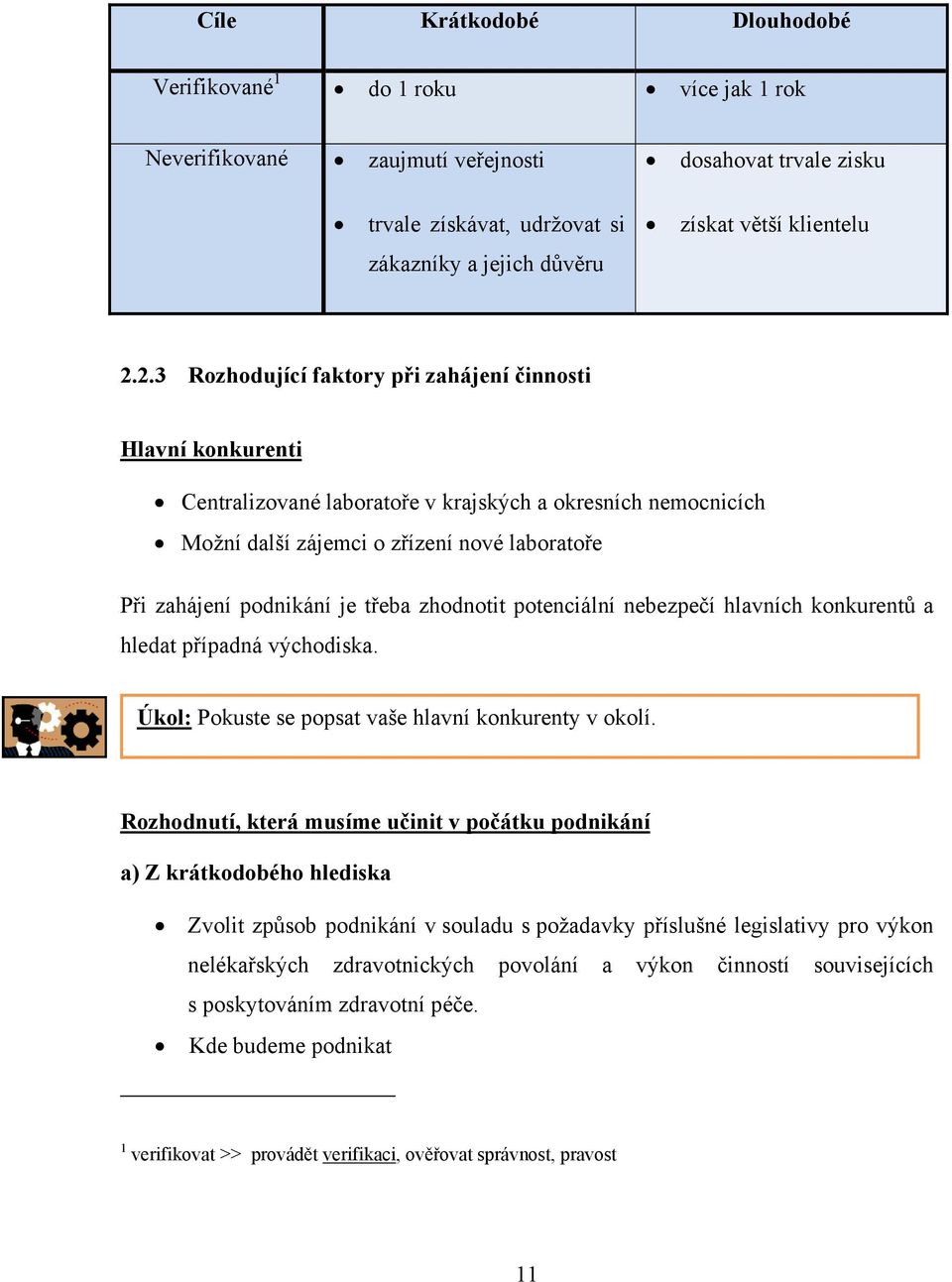 2.3 Rozhodující faktory při zahájení činnosti Hlavní konkurenti Centralizované laboratoře v krajských a okresních nemocnicích Možní další zájemci o zřízení nové laboratoře Při zahájení podnikání je