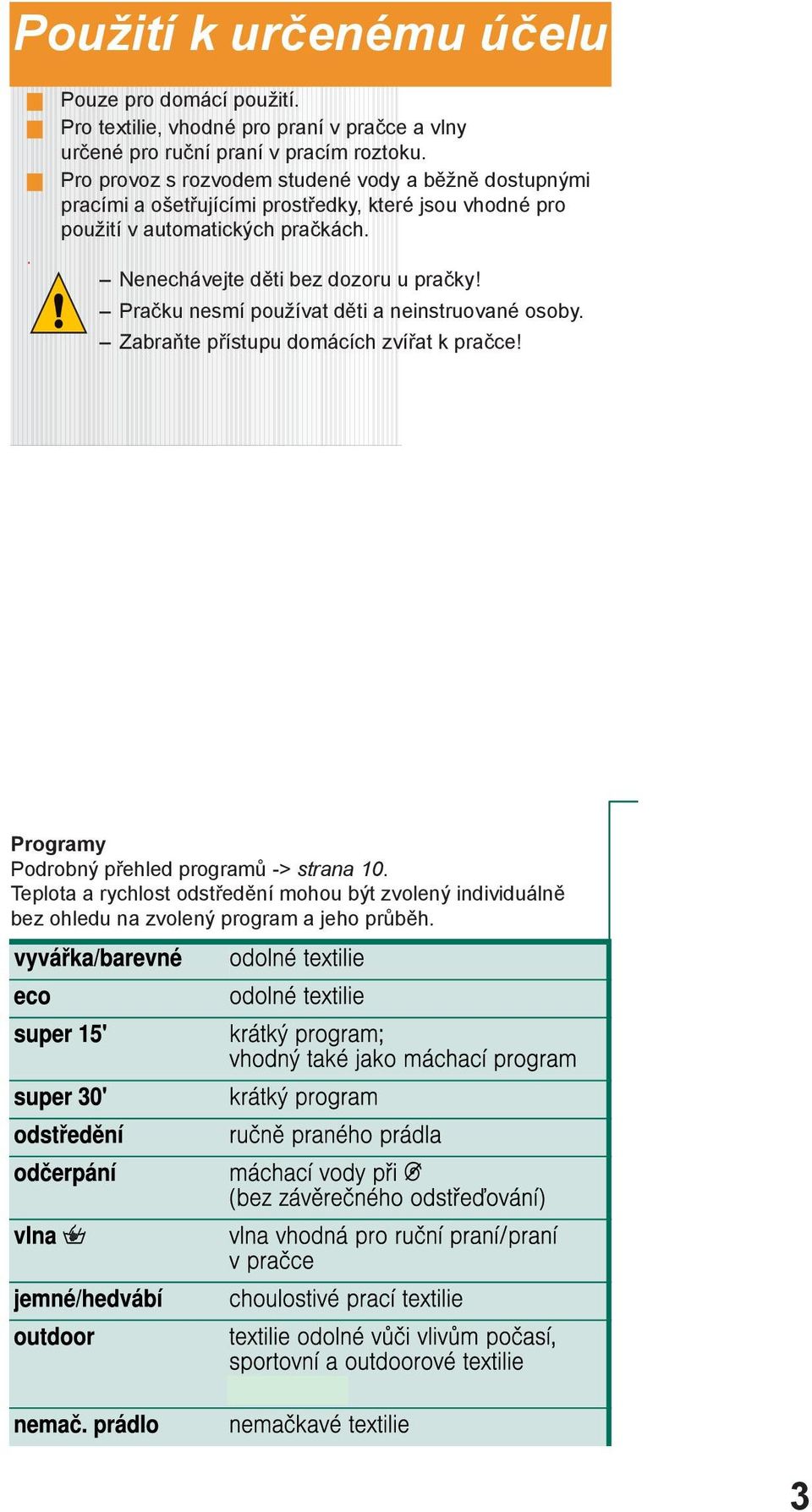 Nenechávejte děti bez dozoru u pračky! Pračku nesmí používat děti a neinstruované osoby. Zabraňte přístupu domácích zvířat k pračce!