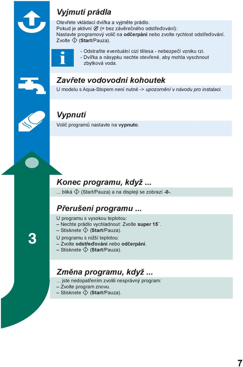 Zavřete vodovodní kohoutek U modelu s Aqua-Stopem není nutné -> upozornění v návodu pro instalaci. Vypnutí Volič programů nastavte na vypnuto. Konec programu, když.