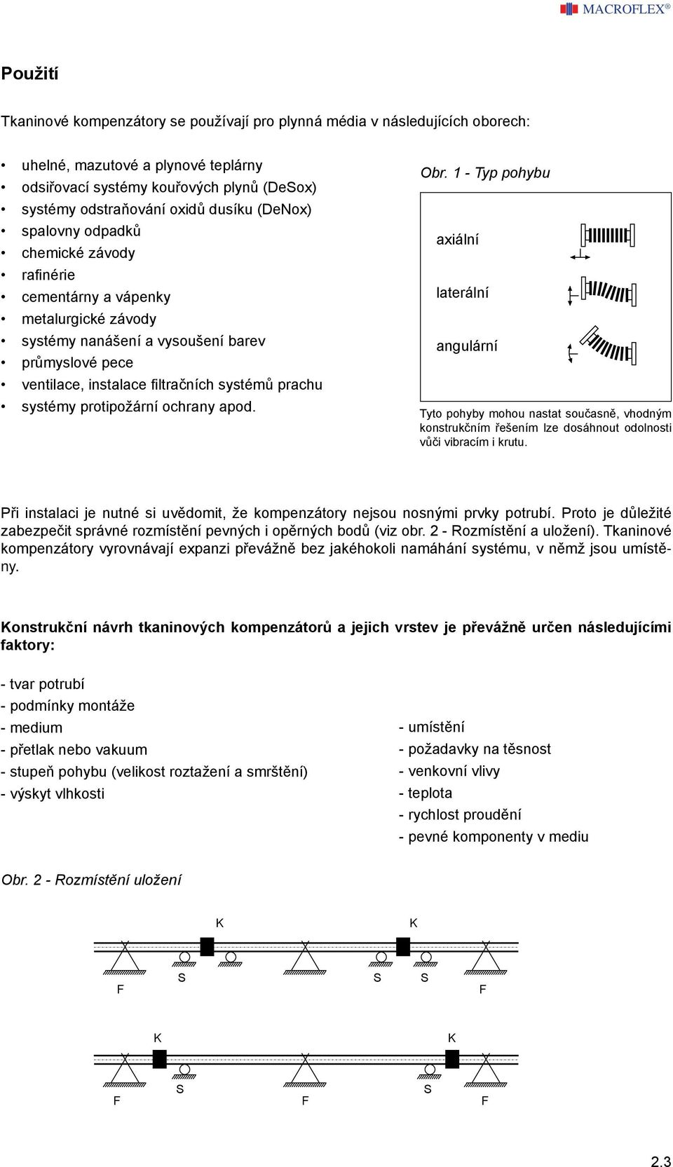 protipožární ochrany apod. Obr. 1 - Typ pohybu axiální laterální angulární Tyto pohyby mohou nastat současně, vhodným konstrukčním řešením lze dosáhnout odolnosti vůči vibracím i krutu.