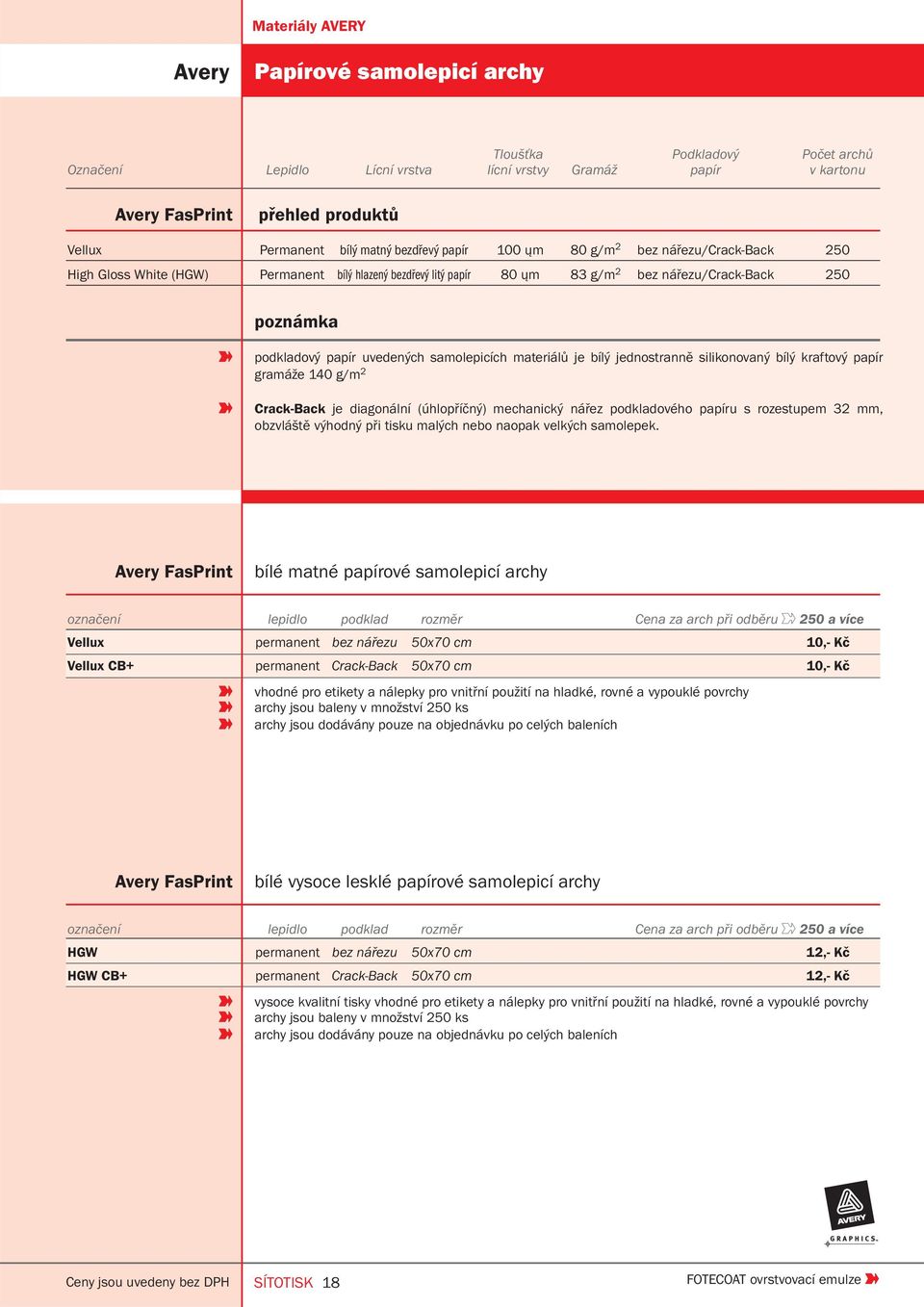 samolepicích materiálů je bílý jednostranně silikonovaný bílý kraftový papír gramáže 140 g/m 2 Crack-Back je diagonální (úhlopříčný) mechanický nářez podkladového papíru s rozestupem 32 mm, obzvláště