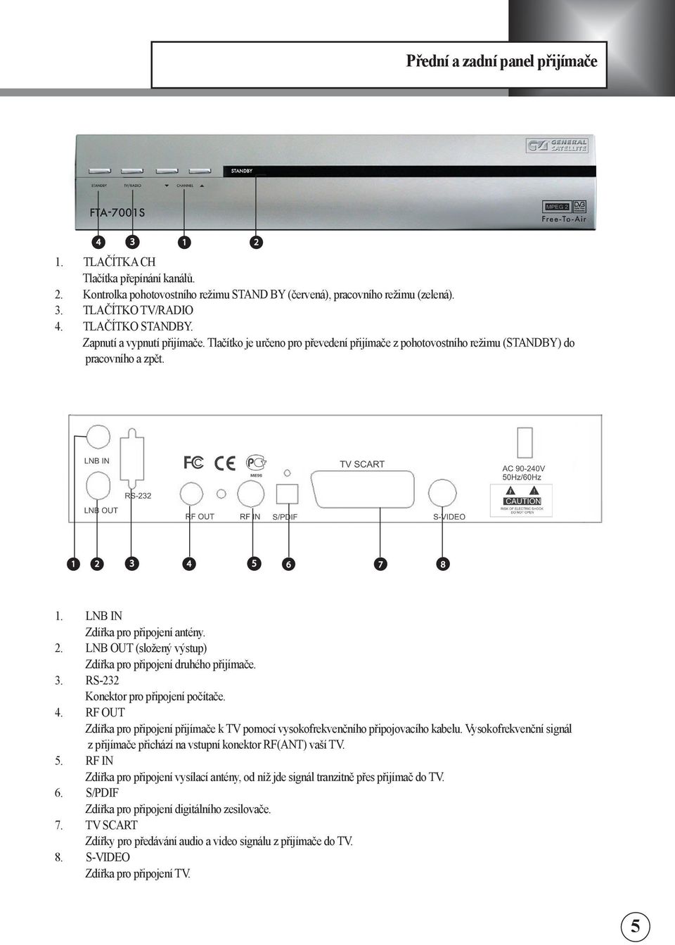 3 4 5 6 7 8 1. LNB IN Zdířka pro přpojení antény. 2. LNB OUT (složený výstup) Zdířka pro přpojení druhého přjímače. 3. RS-232 Konektor pro přpojení počítače. 4. RF OUT Zdířka pro přpojení přjímače k TV pomocí vysokofrekvenčního přpojovacího kabelu.