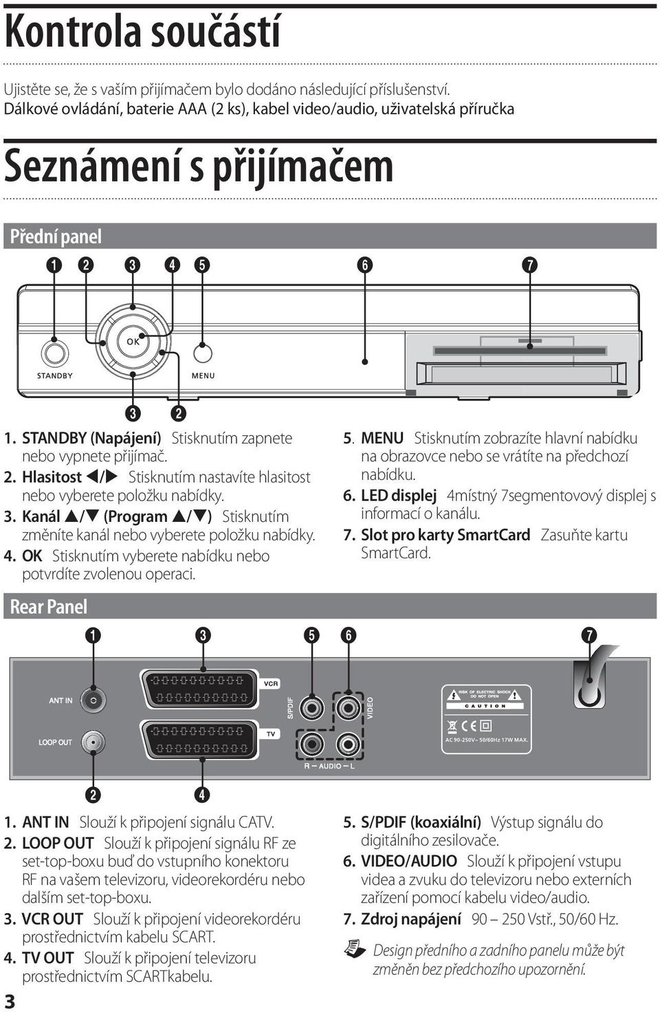 3. Kanál / (Program / ) Stisknutím změníte kanál nebo vyberete položku nabídky. 4. OK Stisknutím vyberete nabídku nebo potvrdíte zvolenou operaci. Rear Panel 1 5.