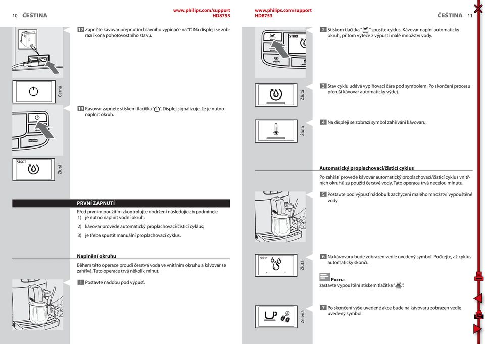 13 Kávovar zapnete stiskem tlačítka. Displej signalizuje, že je nutno naplnit okruh. 4 Na displeji se zobrazí symbol zahřívání kávovaru.