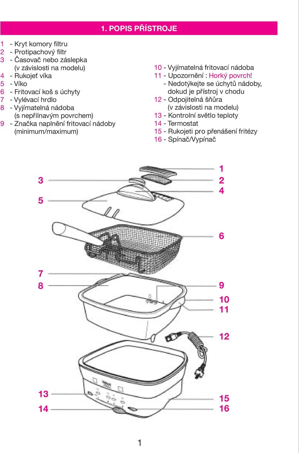 Vyjímatelná fritovací nádoba 11 - Upozornìní : Horký povrch - Nedotýkejte se úchytù nádoby, dokud je pøístroj v chodu 12 - Odpojitelná šòùra (v