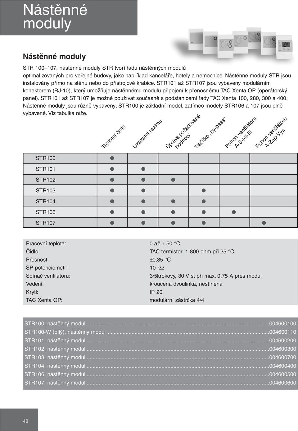 STR101 až STR107 jsou vybaveny modulárním konektorem (RJ-10), který umožňuje nástěnnému modulu připojení k přenosnému TAC Xenta OP (operátorský panel).