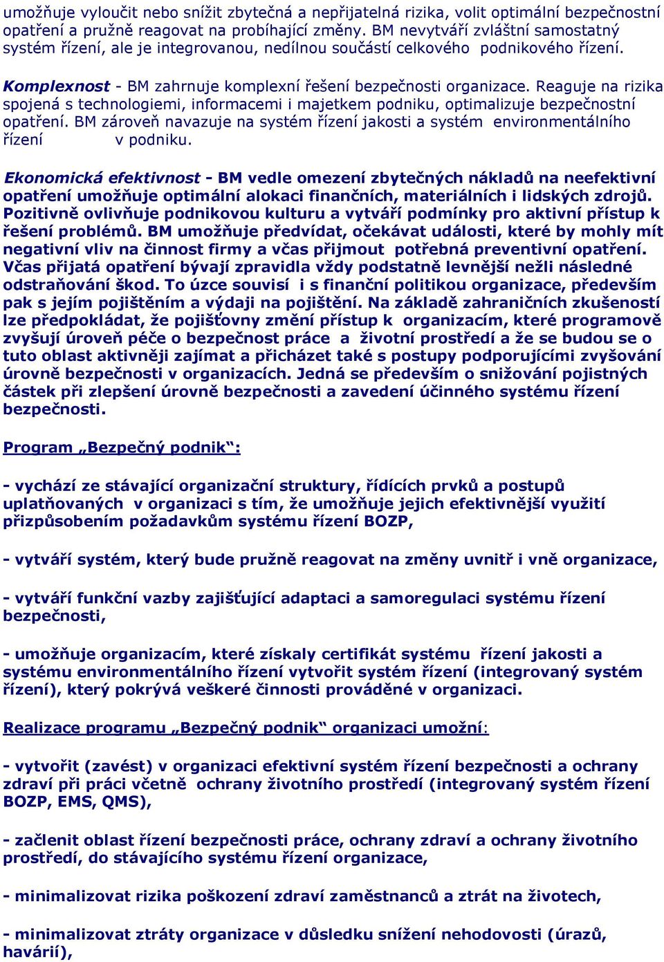 Reaguje na rizika spojená s technologiemi, informacemi i majetkem podniku, optimalizuje bezpečnostní opatření. BM zároveň navazuje na systém řízení jakosti a systém environmentálního řízení v podniku.