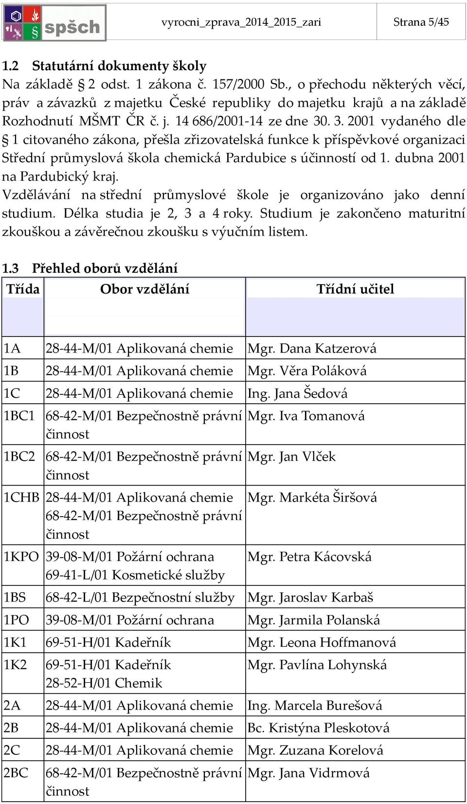 . 3. 2001 vydaného dle 1 citovaného zákona, přešla zřizovatelská funkce k příspěvkové organizaci Střední průmyslová škola chemická Pardubice s účinností od 1. dubna 2001 na Pardubický kraj.