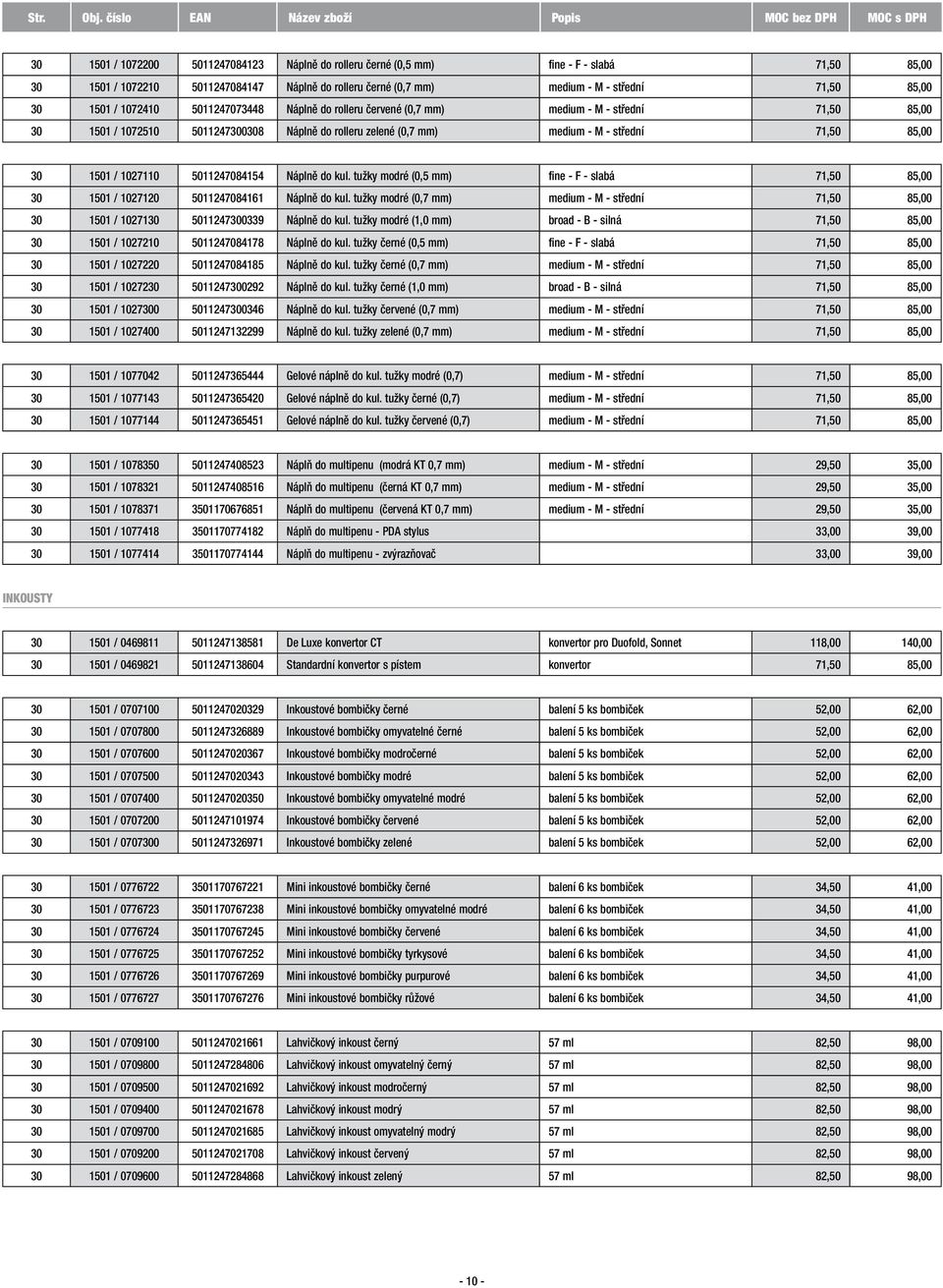 / 1027110 5011247084154 Náplně do kul. tužky modré (0,5 mm) fine - F - slabá 71,50 85,00 30 1501 / 1027120 5011247084161 Náplně do kul.