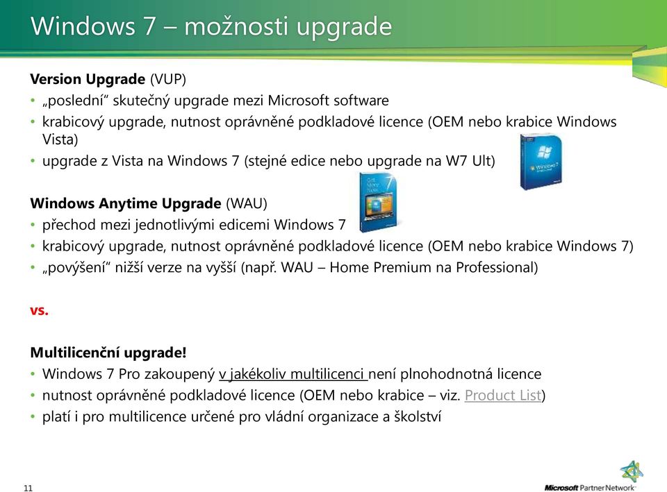 oprávněné podkladové licence (OEM nebo krabice Windows 7) povýšení nižší verze na vyšší (např. WAU Home Premium na Professional) vs. Multilicenční upgrade!