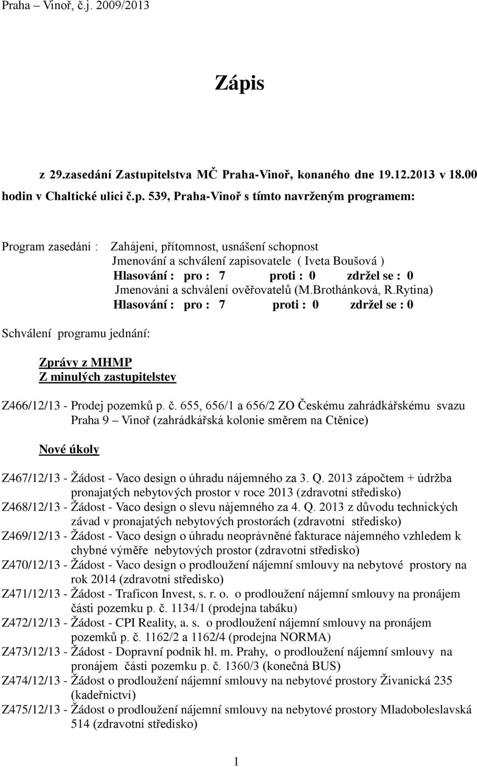 telstva MČ Praha-Vinoř, konaného dne 19.12.2013 v 18.00 hodin v Chaltické ulici č.p.