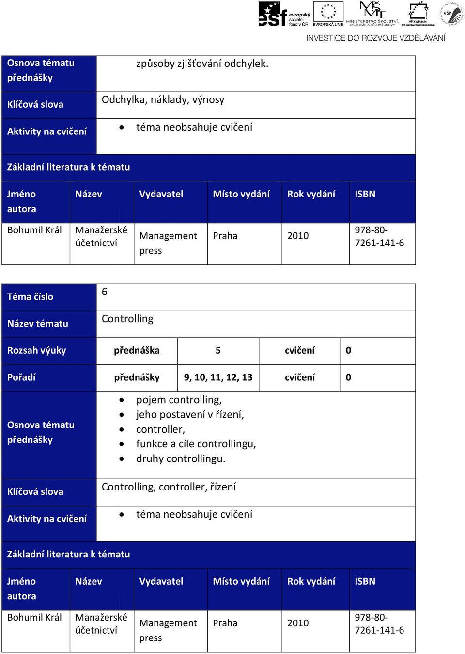 761-141-6 tématu 6 Controlling přednáška 5 cvičení 9, 10, 11, 1, 13 cvičení pojem controlling, jeho