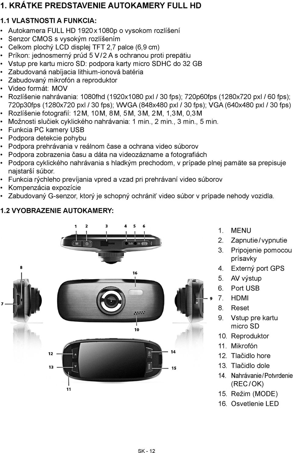 ochranou proti prepätiu Vstup pre kartu micro SD: podpora karty micro SDHC do 32 GB Zabudovaná nabíjacia lithium-ionová batéria Zabudovaný mikrofón a reproduktor Video formát: MOV Rozlíšenie