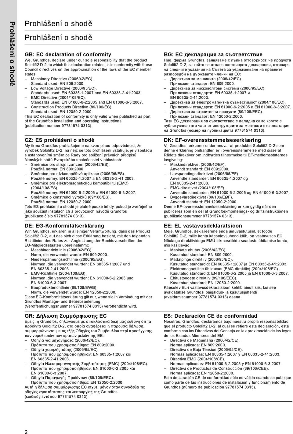 Low Voltage Directive (2006/95/EC). Standards used: EN 60335-1:2007 and EMC Directive (2004/108/EC). Standards used: EN 61000-6-2:2005 and EN 61000-6-3:2007.