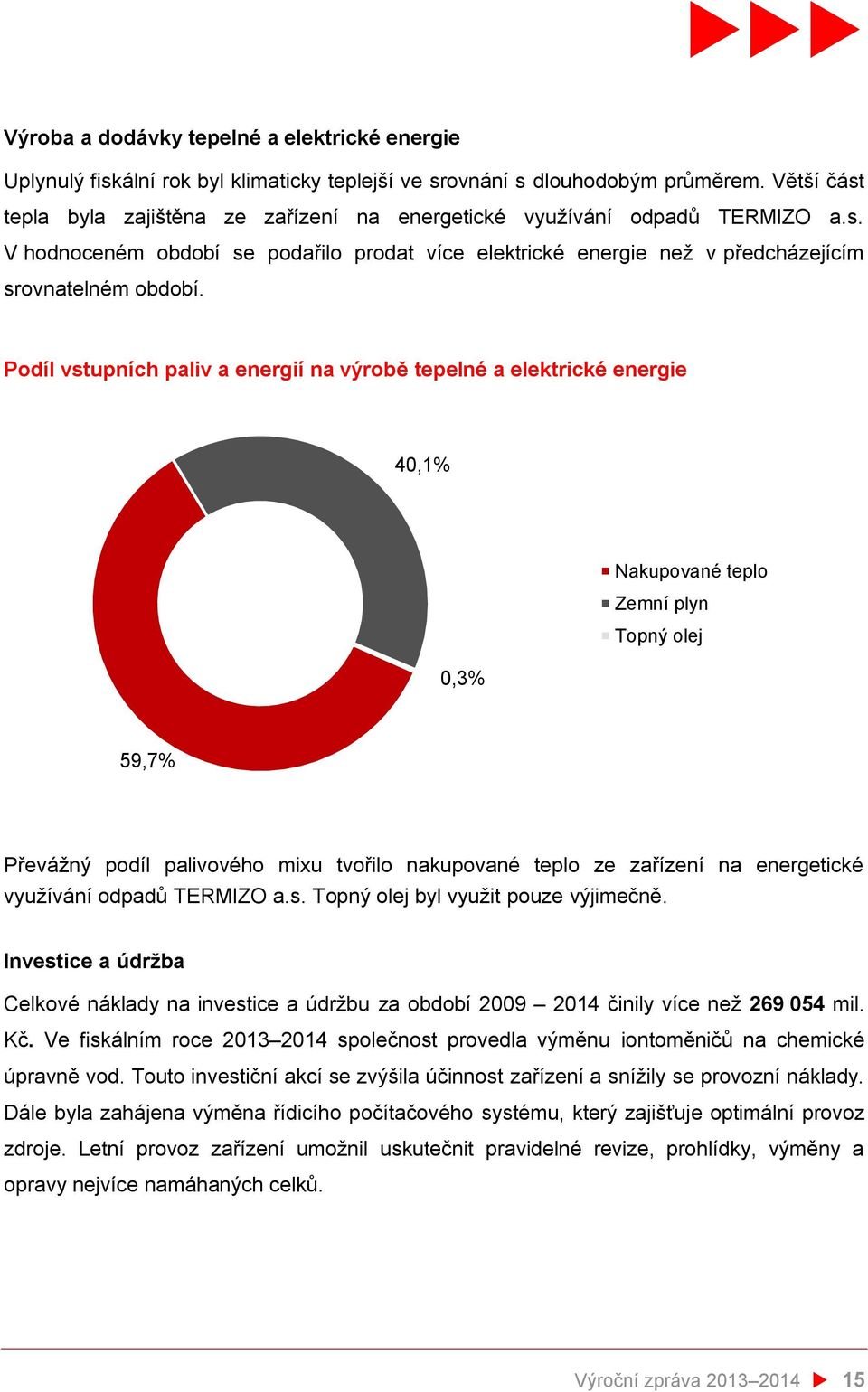 Podíl vstupních paliv a energií na výrobě tepelné a elektrické energie 40,1% Nakupované teplo Zemní plyn Topný olej 0,3% 59,7% Převážný podíl palivového mixu tvořilo nakupované teplo ze zařízení na