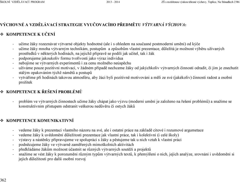 - podporujeme jakoukoliv formu tvořivosti jako výraz individua - nebojíme se výtvarných experimentů i za cenu možného neúspěchu - užíváme pouze pozitivní motivaci, v žádném případě nechceme žáky od