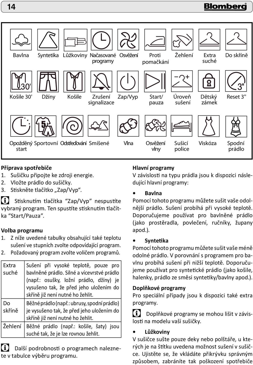 Vložte prádlo do sušičky. 3. Stiskněte tlačítko Zap/Vyp. Stisknutím tlačítka Zap/Vyp nespustíte vybraný program. Ten spustíte stisknutím tlačítka Start/Pauza. Volba programu 1.