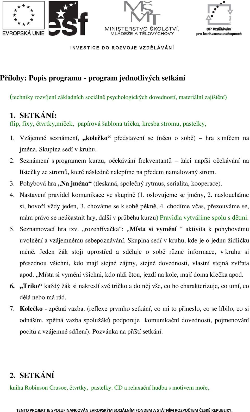 Seznámení s programem kurzu, očekávání frekventantů žáci napíši očekávání na lístečky ze stromů, které následně nalepíme na předem namalovaný strom. 3.