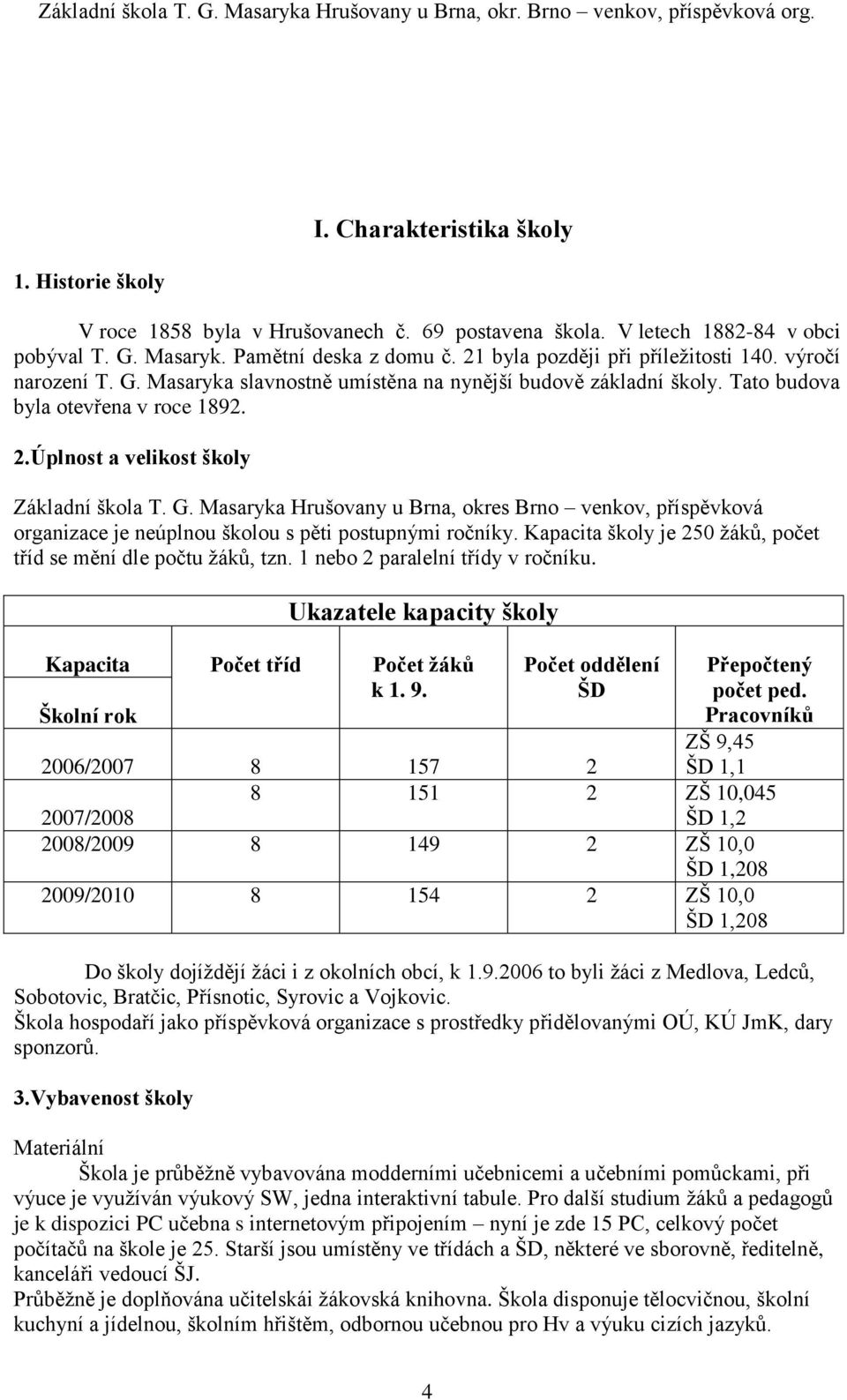 Úplnost a velikost školy Základní škola T. G. Masaryka Hrušovany u Brna, okres Brno venkov, příspěvková organizace je neúplnou školou s pěti postupnými ročníky.