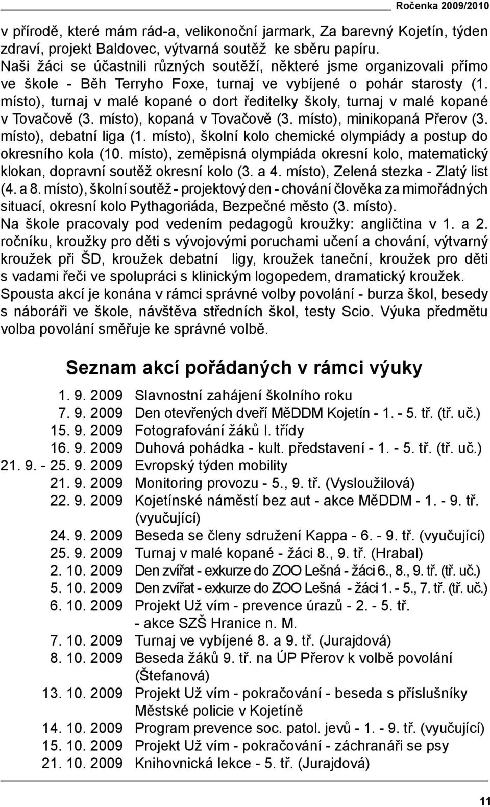 místo), turnaj v malé kopané o dort ředitelky školy, turnaj v malé kopané v Tovačově (3. místo), kopaná v Tovačově (3. místo), minikopaná Přerov (3. místo), debatní liga (1.