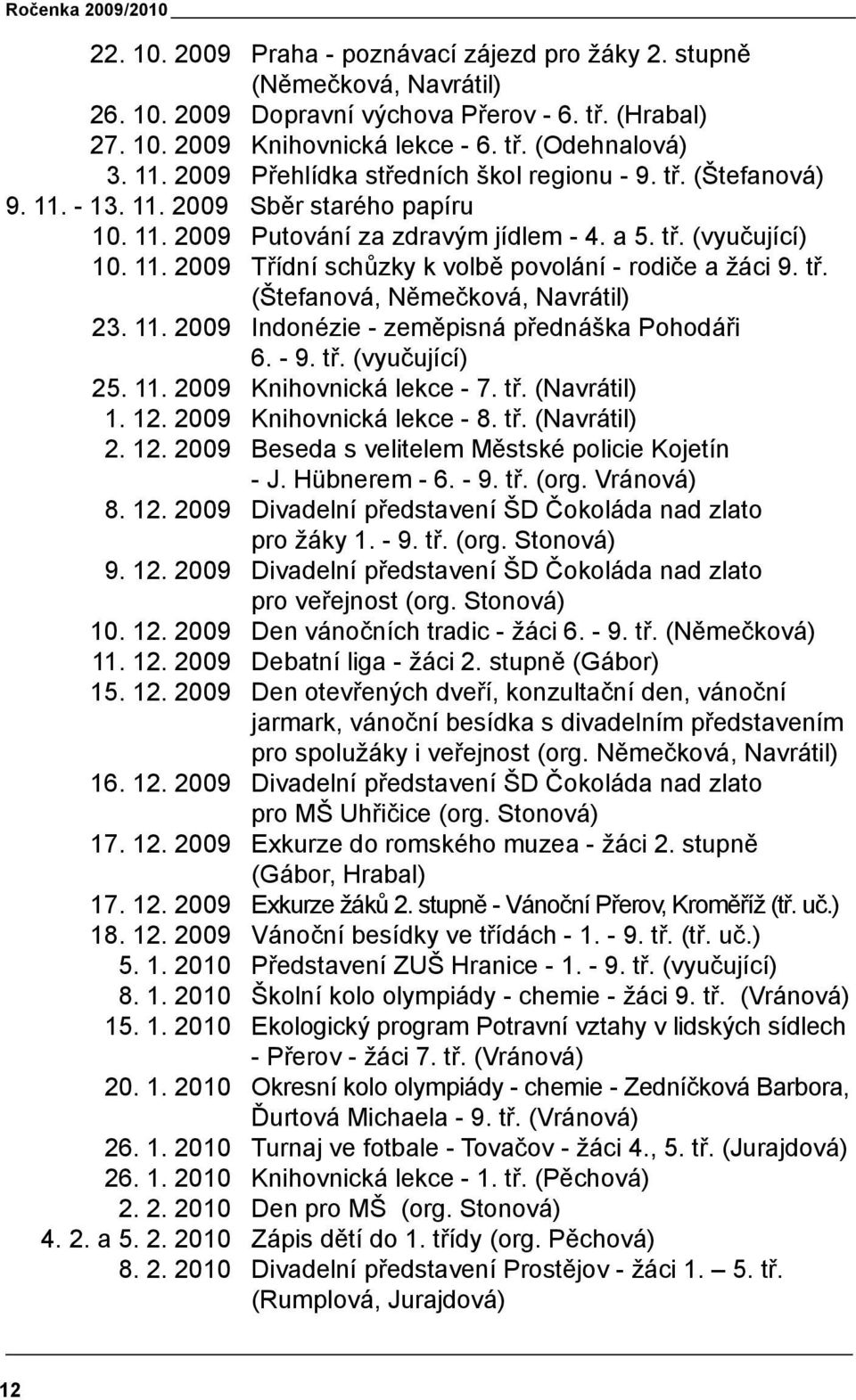 tř. (Štefanová, Němečková, Navrátil) 23. 11. 2009 Indonézie - zeměpisná přednáška Pohodáři 6. - 9. tř. (vyučující) 25. 11. 2009 Knihovnická lekce - 7. tř. (Navrátil) 1. 12. 2009 Knihovnická lekce - 8.