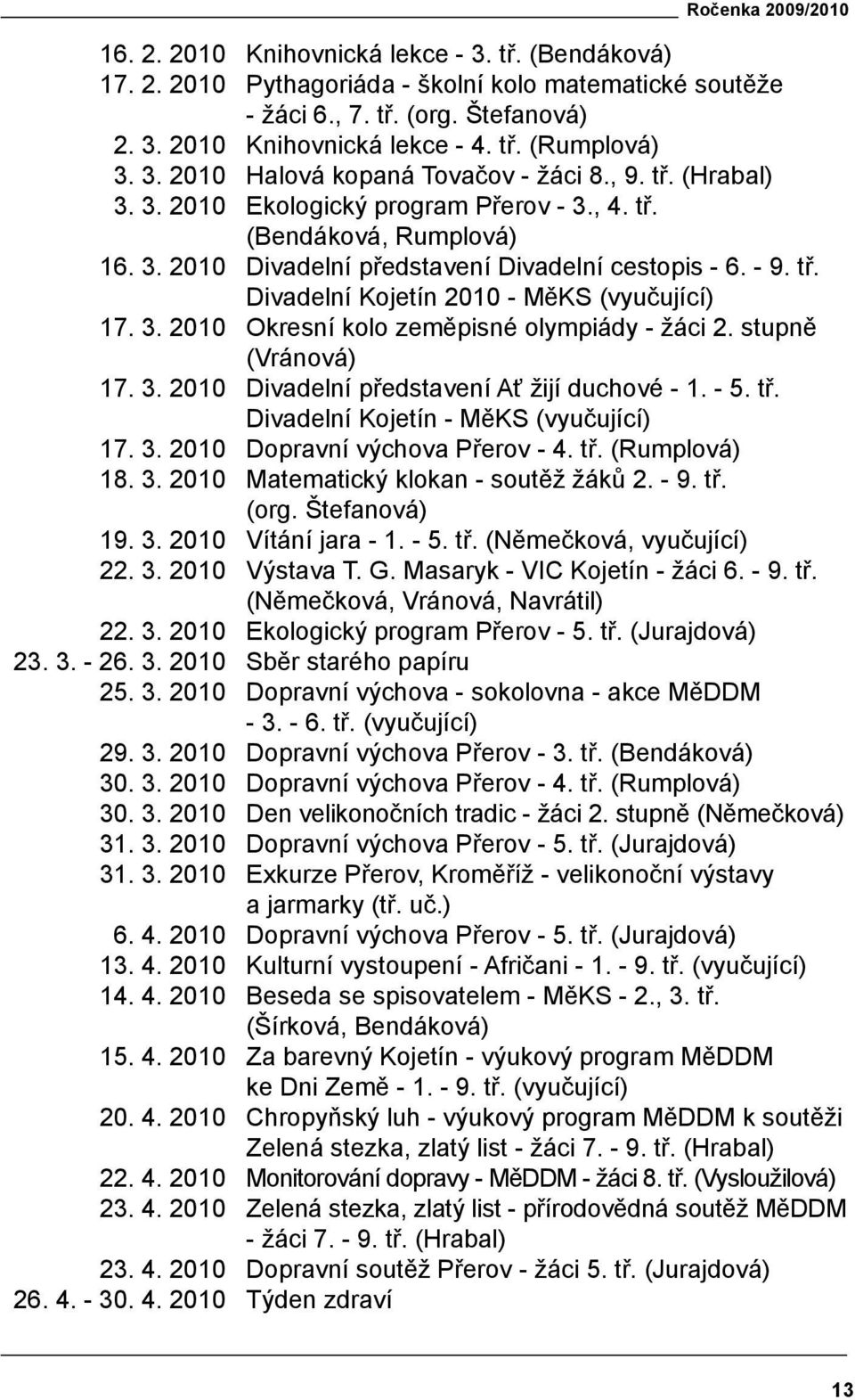 3. 2010 Okresní kolo zeměpisné olympiády - žáci 2. stupně (Vránová) 17. 3. 2010 Divadelní představení Ať žijí duchové - 1. - 5. tř. Divadelní Kojetín - MěKS (vyučující) 17. 3. 2010 Dopravní výchova Přerov - 4.