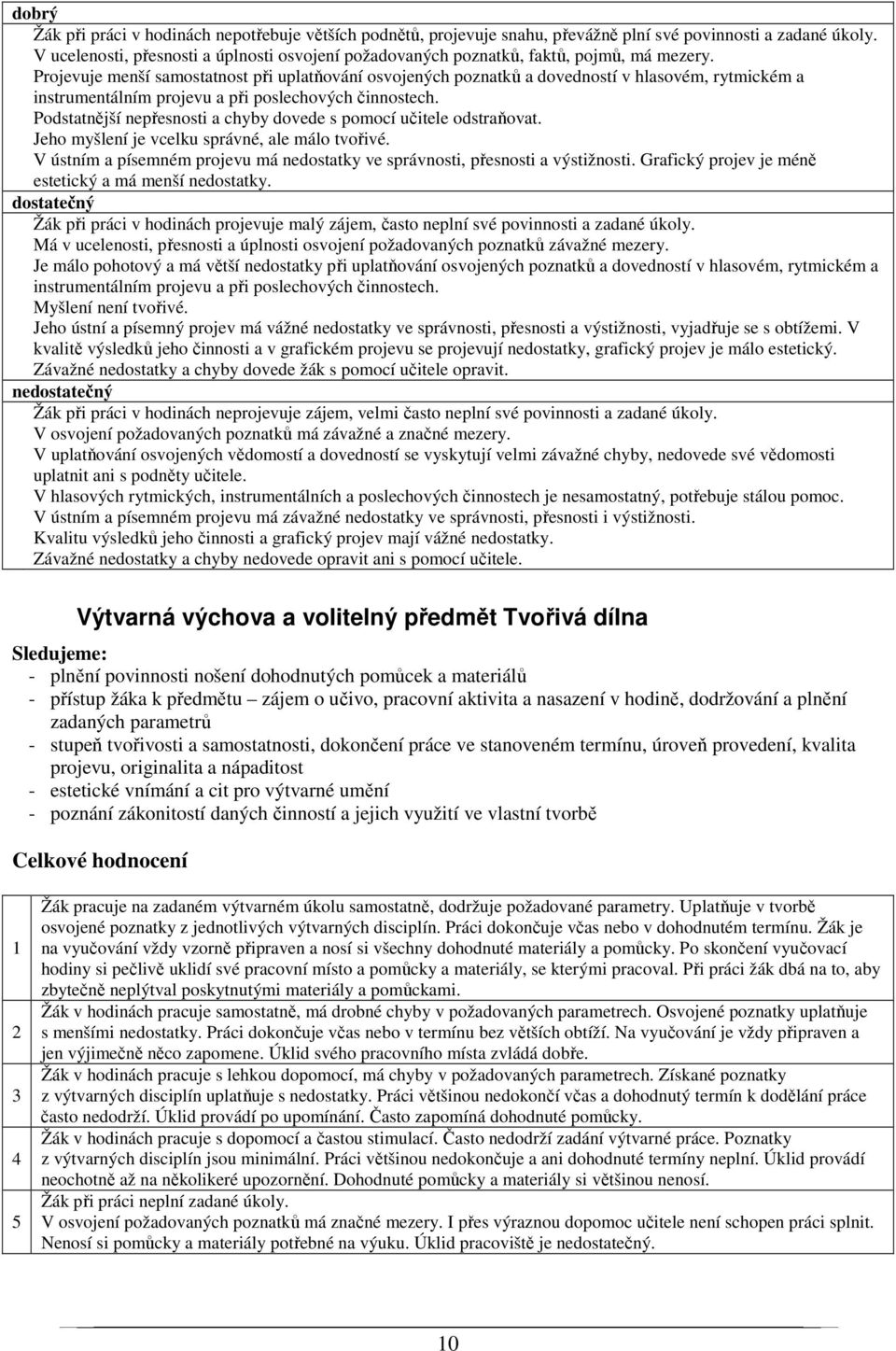 Projevuje menší samostatnost při uplatňování osvojených poznatků a dovedností v hlasovém, rytmickém a instrumentálním projevu a při poslechových činnostech.