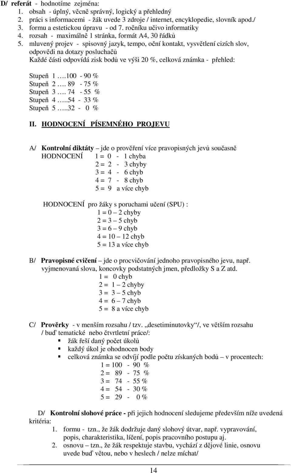 mluvený projev - spisovný jazyk, tempo, oční kontakt, vysvětlení cizích slov, odpovědi na dotazy posluchačů Každé části odpovídá zisk bodů ve výši 20 %, celková známka - přehled: Stupeň 1.