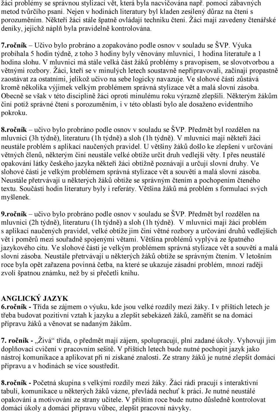 ročník Učivo bylo probráno a zopakováno podle osnov v souladu se ŠVP. Výuka probíhala 5 hodin týdně, z toho 3 hodiny byly věnovány mluvnici, 1 hodina literatuře a 1 hodina slohu.