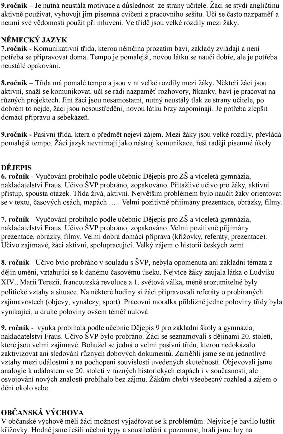 ročník - Komunikativní třída, kterou němčina prozatím baví, základy zvládají a není potřeba se připravovat doma. Tempo je pomalejší, novou látku se naučí dobře, ale je potřeba neustálé opakování. 8.