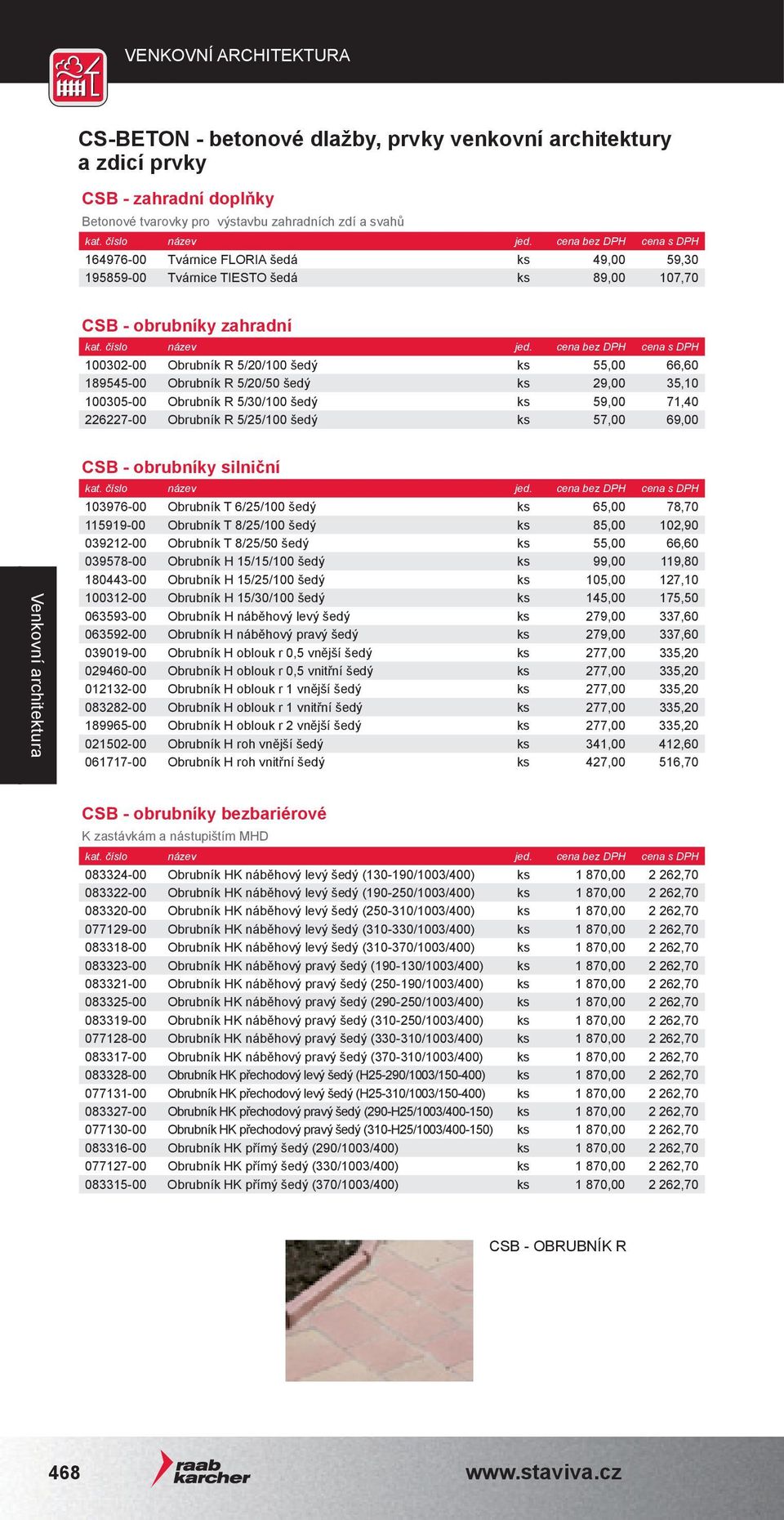 71,40 226227-00 Obrubník R 5/25/100 šedý ks 57,00 69,00 CSB - obrubníky silniční 103976-00 Obrubník T 6/25/100 šedý ks 65,00 78,70 115919-00 Obrubník T 8/25/100 šedý ks 85,00 102,90 039212-00