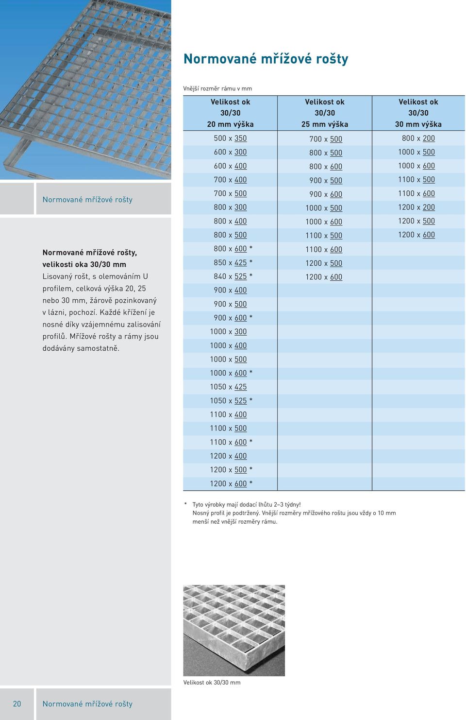 600 Normované mřížové rošty, velikosti oka 0 mm Lisovaný rošt, s olemováním U profilem, celková výška 20, 25 nebo 30 mm, žárově pozinkovaný v lázni, pochozí.