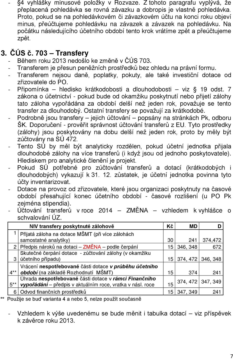 Na počátku následujícího účetního období tento krok vrátíme zpět a přeúčtujeme zpět. 3. ČÚS č. 703 Transfery - Během roku 2013 nedošlo ke změně v ČÚS 703.