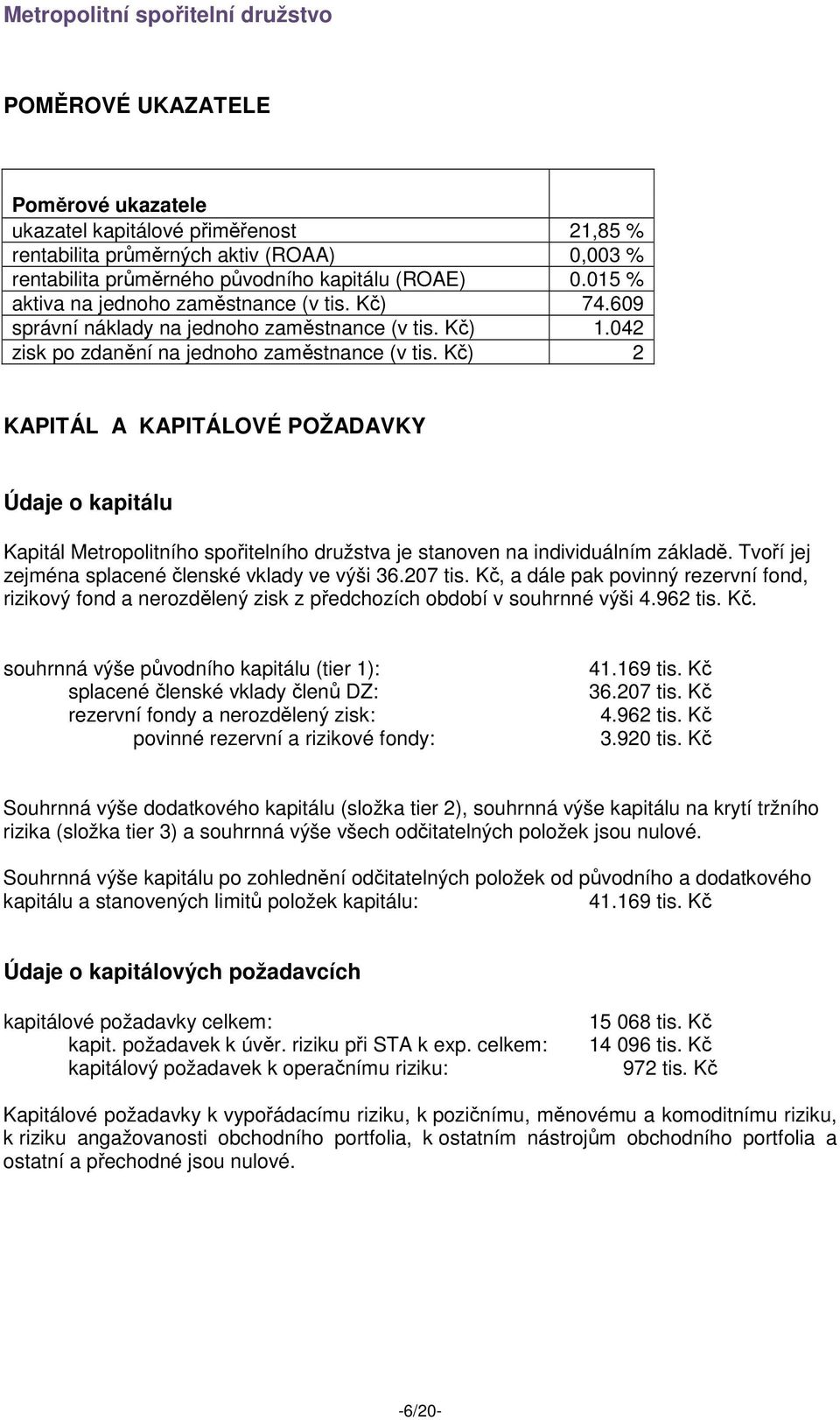 Kč) 2 KAPITÁL A KAPITÁLOVÉ POŽADAVKY Údaje o kapitálu Kapitál Metropolitního spořitelního družstva je stanoven na individuálním základě. Tvoří jej zejména splacené členské vklady ve výši 36.207 tis.