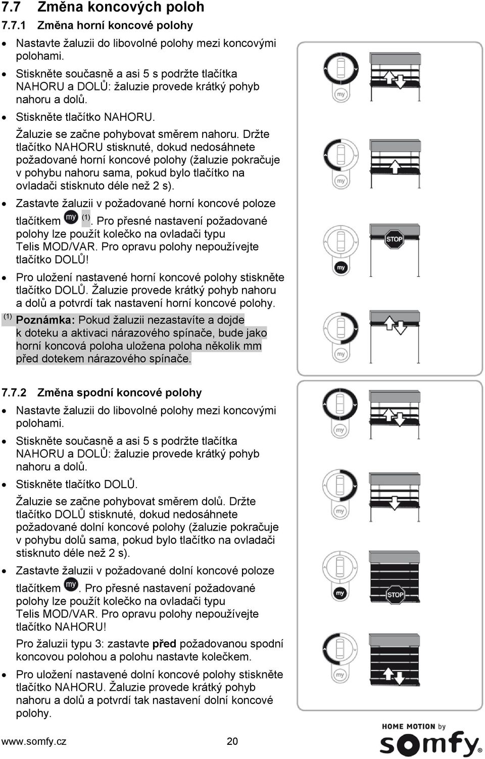 Držte tlačítko NAHORU stisknuté, dokud nedosáhnete požadované horní koncové polohy (žaluzie pokračuje v pohybu nahoru sama, pokud bylo tlačítko na ovladači stisknuto déle než 2 s).