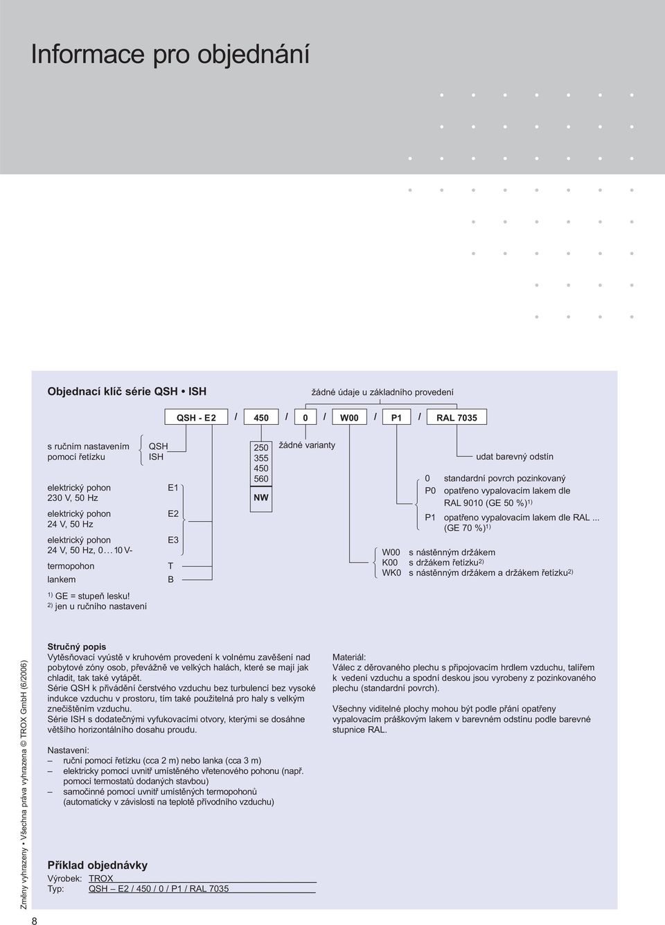 ..10Vtermopohon lankem QSH ISH E1 E2 E3 T B 250 355 450 560 NW žádné varianty udat barevný odstín 0 standardní povrch pozinkovaný P0 opatřeno vypalovacím lakem dle RAL 9010 (GE 50 %) 1) P1 opatřeno