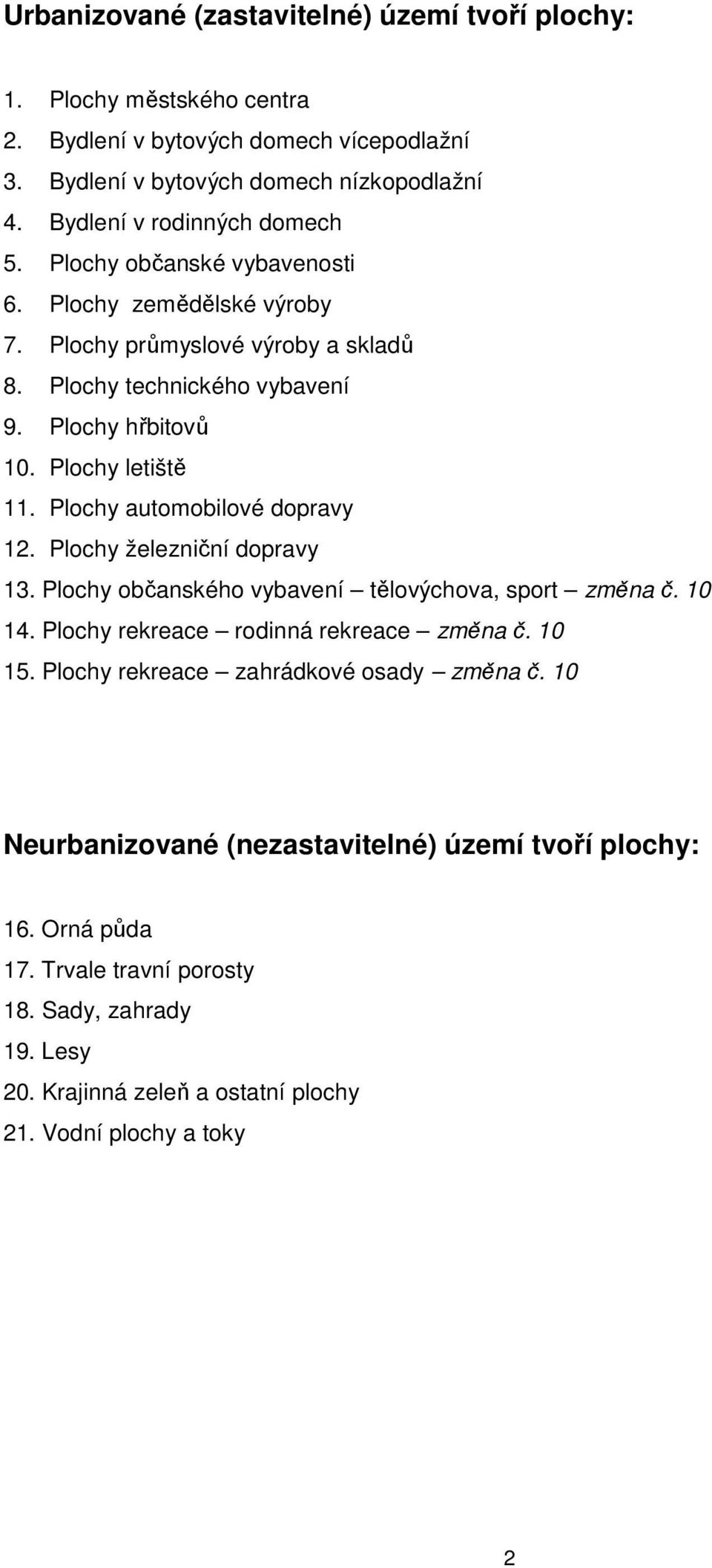 Plochy letiště 11. Plochy automobilové dopravy 12. Plochy železniční dopravy 13. Plochy občanského vybavení tělovýchova, sport změna č. 10 14. Plochy rekreace rodinná rekreace změna č.