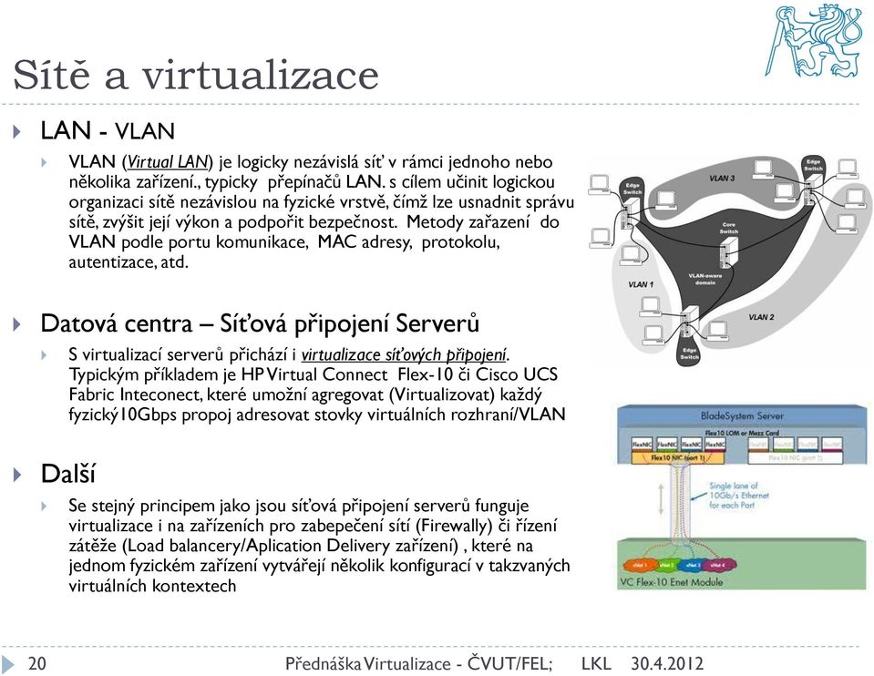 Metody zařazení do VLAN podle portu komunikace, MAC adresy, protokolu, autentizace, atd. Datová centra Síťová připojení Serverů S virtualizací serverů přichází i virtualizace síťových připojení.