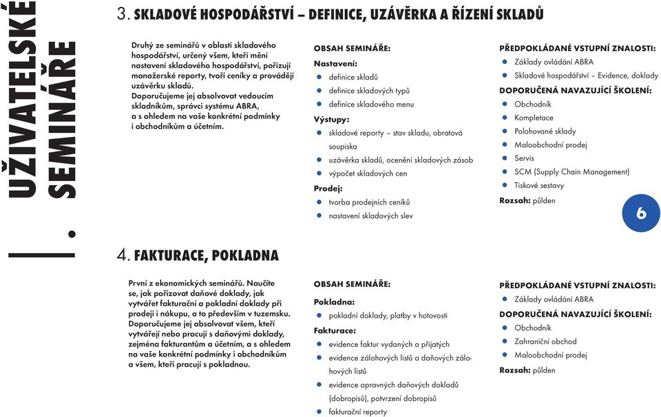 tvoří ceníky a provádějí uzávěrku skladů. Doporučujeme jej absolvovat vedoucím skladníkům, správci systému ABRA, a s ohledem na vaše konkrétní podmínky i obchodníkům a účetním. 4.