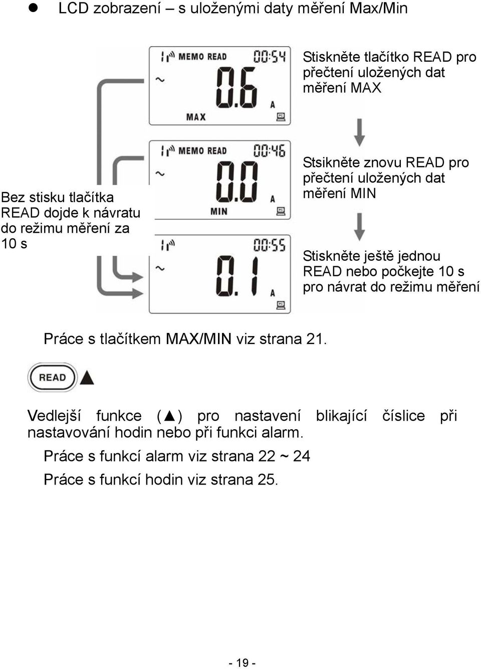 READ nebo počkejte 10 s pro návrat do režimu měření Práce s tlačítkem MAX/MIN viz strana 21.