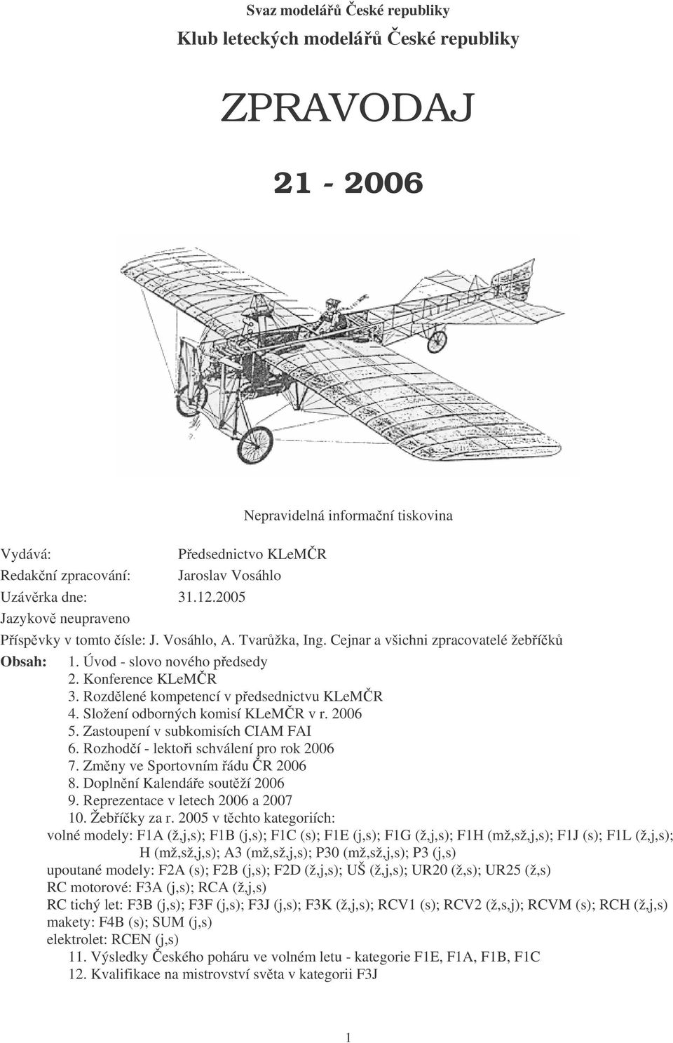 Rozdělené kompetencí v předsednictvu KLeMČR 4. Složení odborných komisí KLeMČR v r. 2006 5. Zastoupení v subkomisích CIAM FAI 6. Rozhodčí - lektoři schválení pro rok 2006 7.