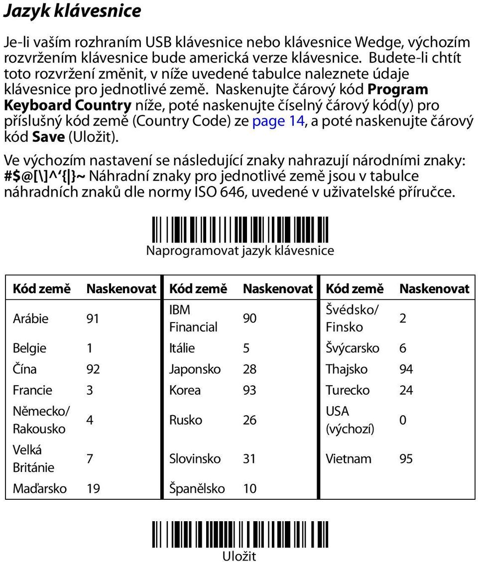 Naskenujte čárový kód Program Keyboard Country níže, poté naskenujte číselný čárový kód(y) pro příslušný kód země (Country Code) ze page 14, a poté naskenujte čárový kód Save (Uložit).