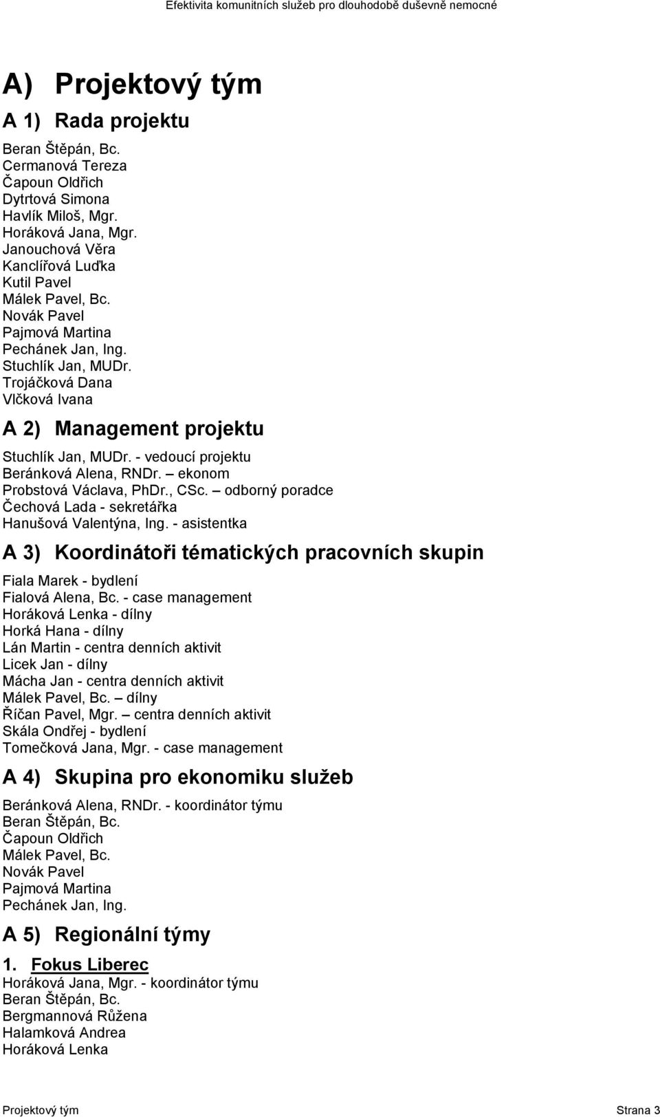 Trojáčková Dana Vlčková Ivana A 2) Management projektu Stuchlík Jan, MUDr. - vedoucí projektu Beránková Alena, RNDr. ekonom Probstová Václava, PhDr., CSc.