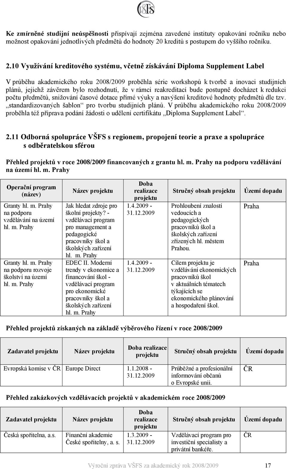 10 Využívání kreditového systému, včetně získávání Diploma Supplement Label V průběhu akademického roku 2008/2009 proběhla série workshopů k tvorbě a inovaci studijních plánů, jejichž závěrem bylo